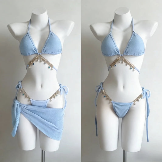 Dviejų dalių bikinis su kaspinais – aukštu liemeniu, mielas vasaros stilius