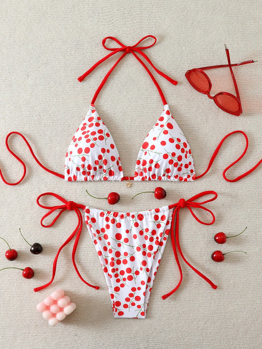 Trikampė halter bikinis su gėlių raštu – seksualus thong stilius