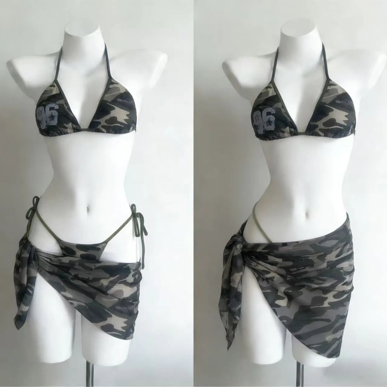 Dviejų dalių bikinis su kaspinais – aukštu liemeniu, mielas vasaros stilius