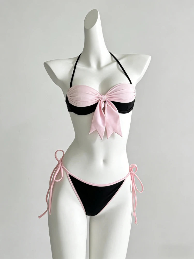 Dviejų dalių bikinis su kaspinais – aukštu liemeniu, mielas vasaros stilius