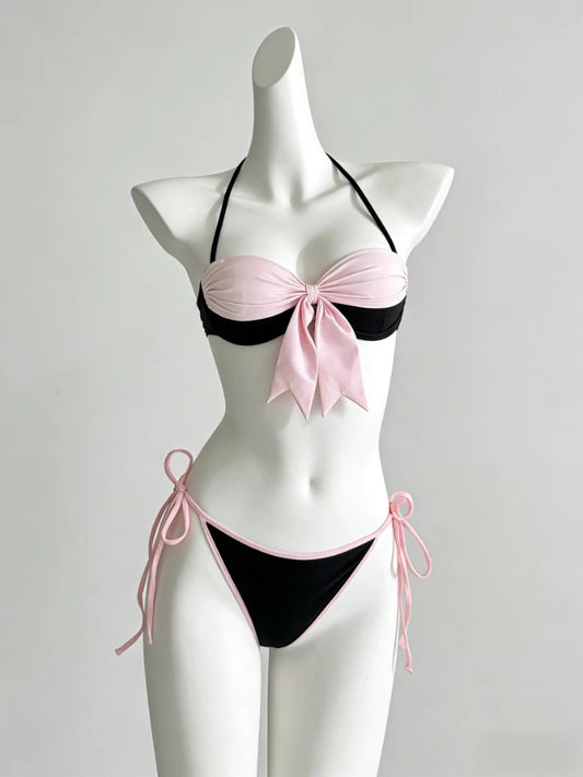 Dviejų dalių bikinis su kaspinais – aukštu liemeniu, mielas vasaros stilius