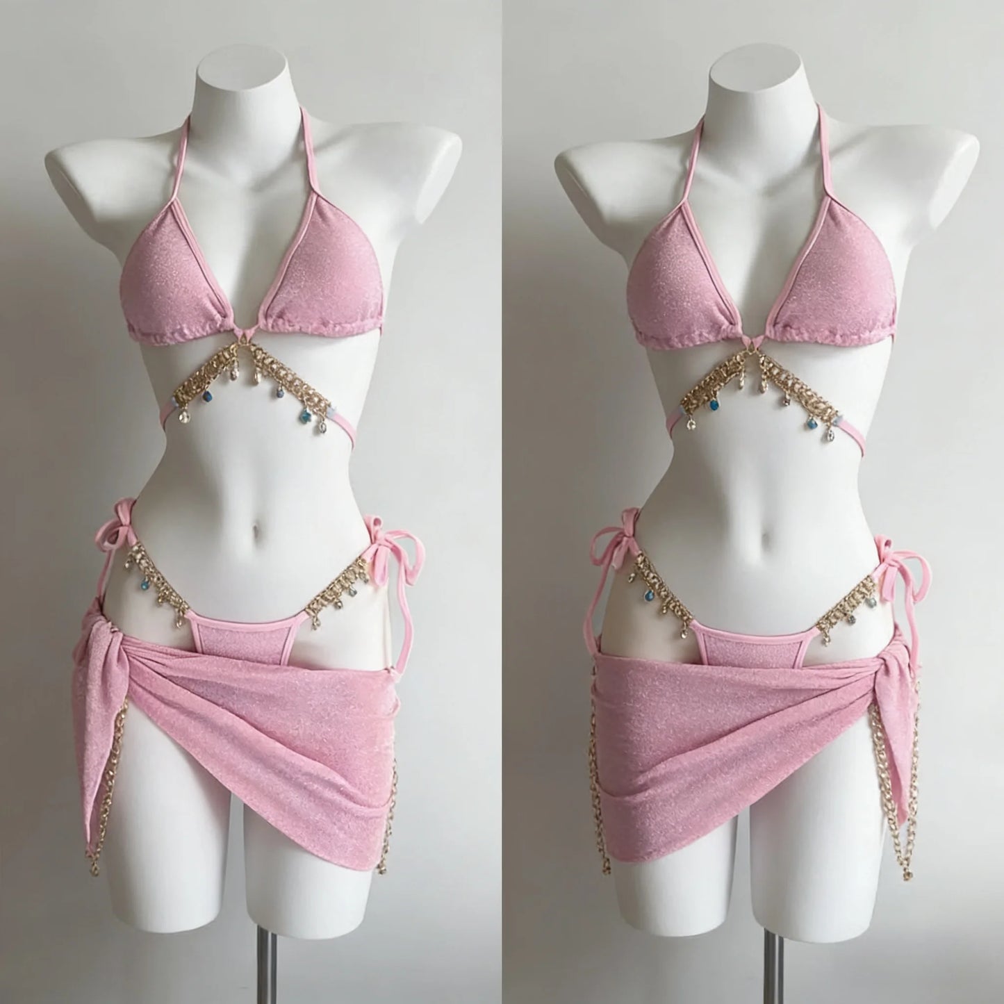 Dviejų dalių bikinis su kaspinais – aukštu liemeniu, mielas vasaros stilius