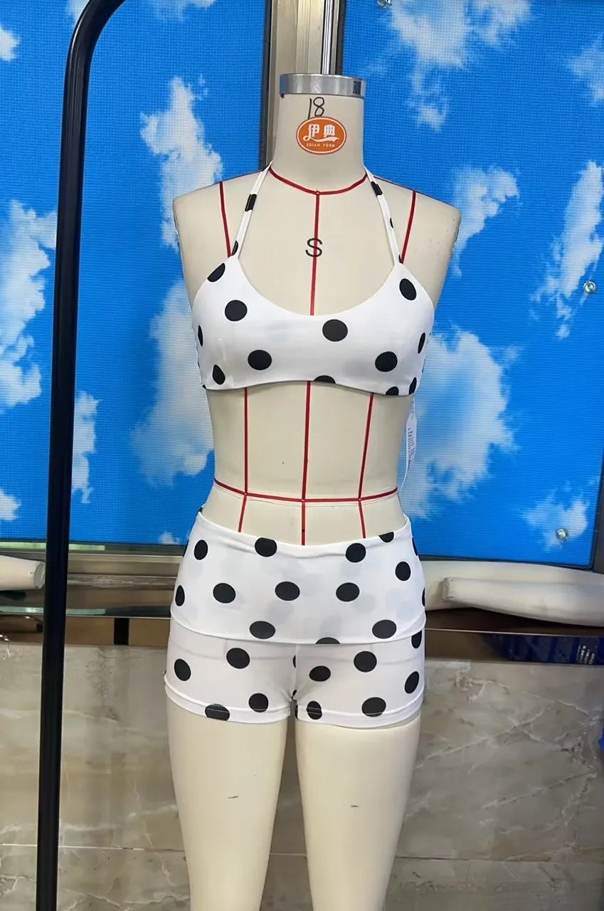 Dviejų dalių bikinis su šortais – halter trikampė viršutinė dalis ir žemo liemens šortai