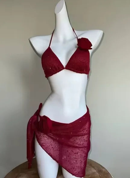 Dviejų dalių bikinis su kaspinais – aukštu liemeniu, mielas vasaros stilius
