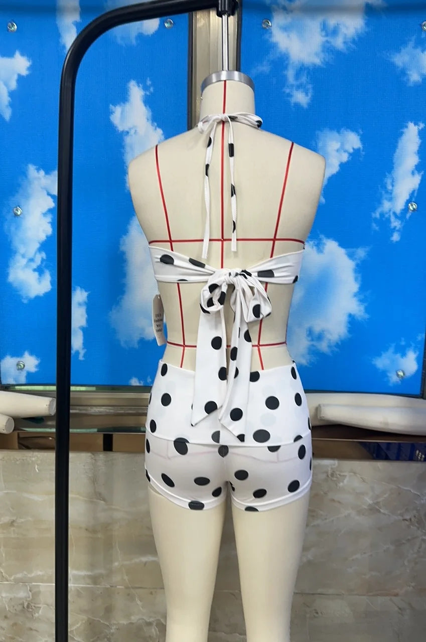 Dviejų dalių bikinis su šortais – halter trikampė viršutinė dalis ir žemo liemens šortai