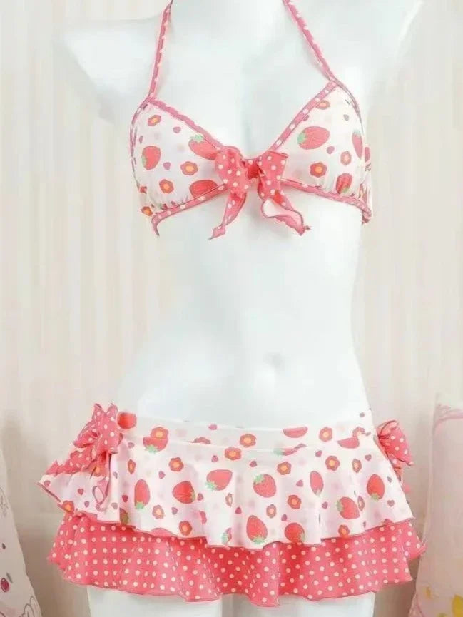 Dviejų dalių bikinis su kaspinais – aukštu liemeniu, mielas vasaros stilius