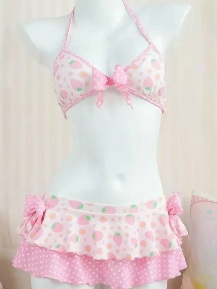 Dviejų dalių bikinis su kaspinais – aukštu liemeniu, mielas vasaros stilius
